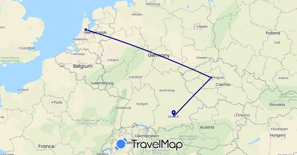 TravelMap itinerary: driving in Czech Republic, Germany, Netherlands (Europe)
